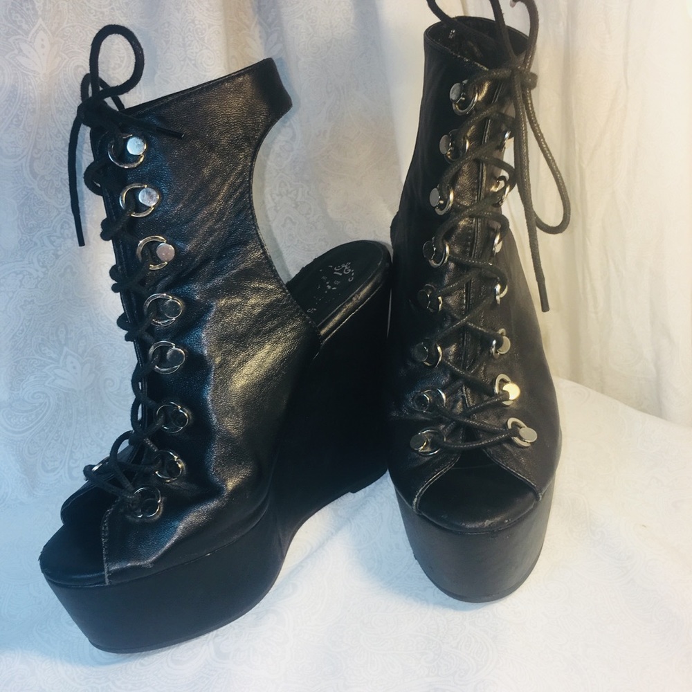 Jeffery Campbell’s, black leather, lace up wedges